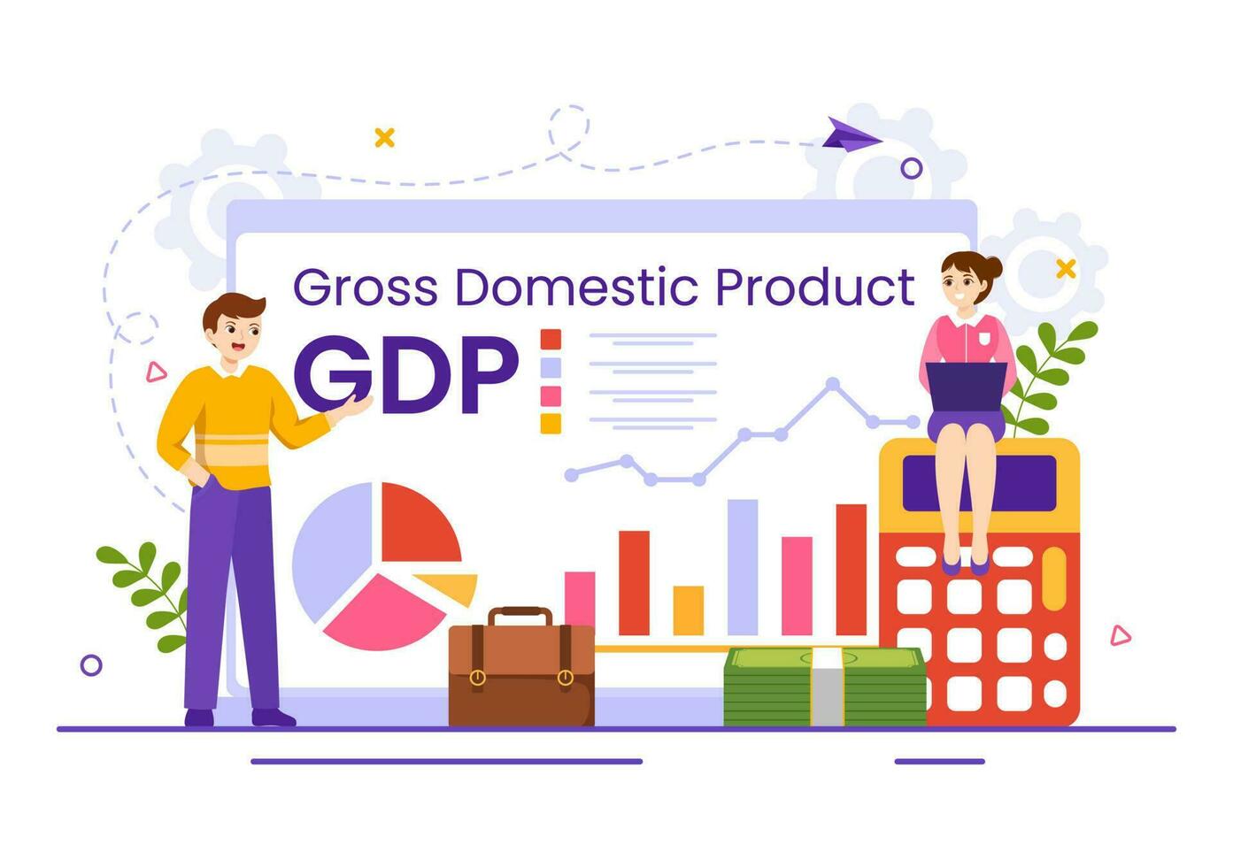 gdp ou Bruto doméstico produtos vetor ilustração com econômico crescimento coluna e mercado produtividade gráfico dentro plano desenho animado mão desenhado modelos