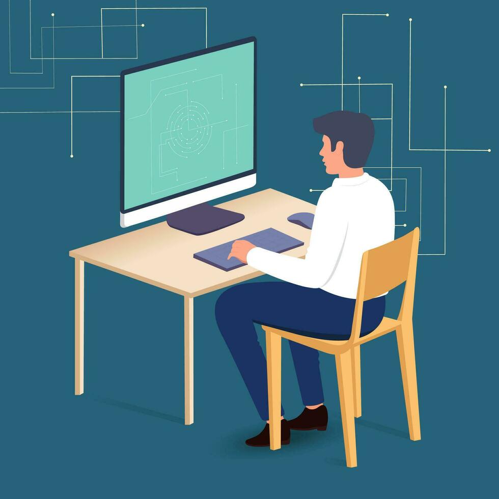 personagem do gráfico desenhador trabalhando em computador às local de trabalho e cerceta azul fundo. vetor