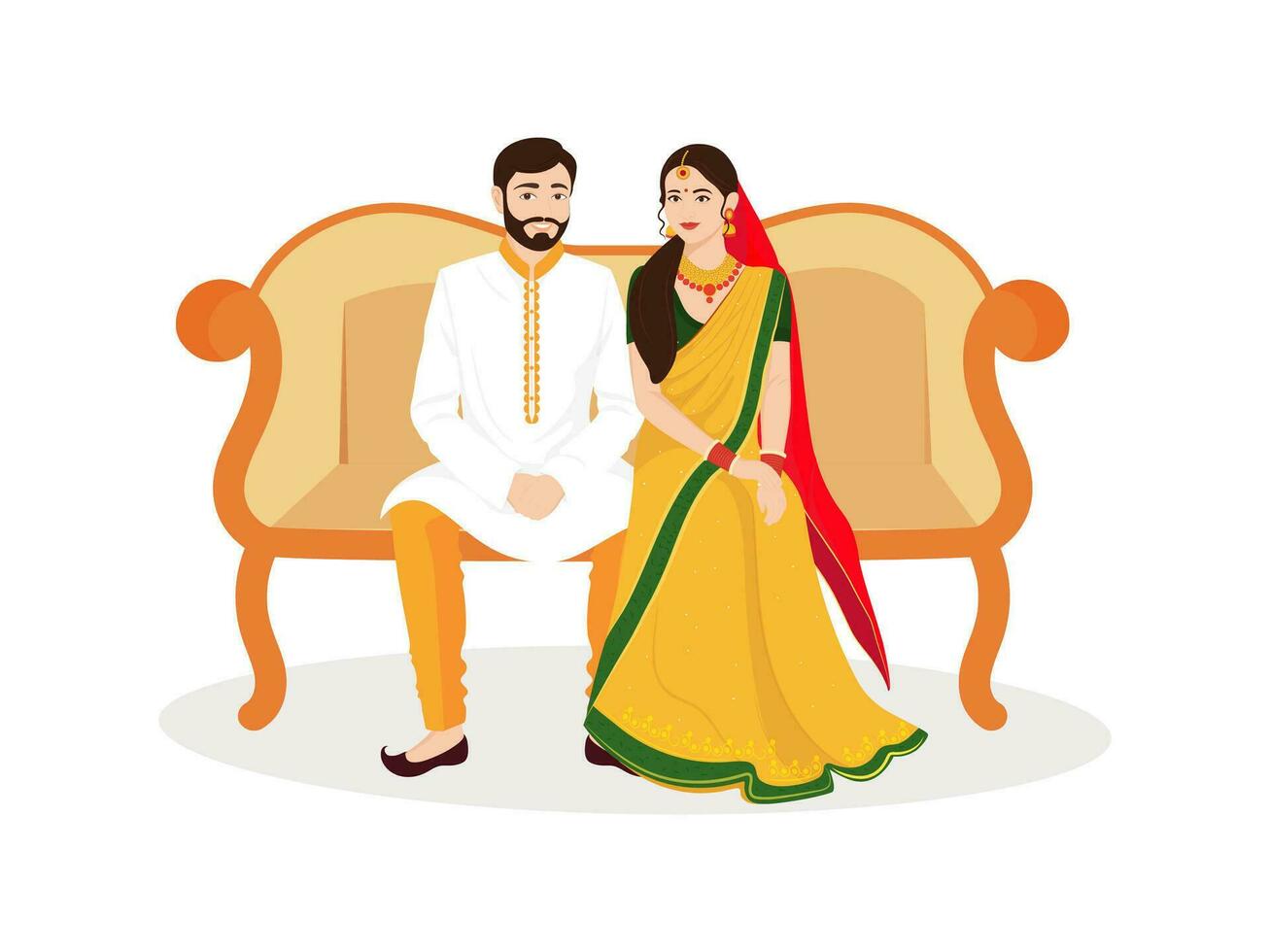 feliz indiano Casamento casal personagem sentar em sofá dentro saree e Sherwani de acordo com para seus cultura. vetor