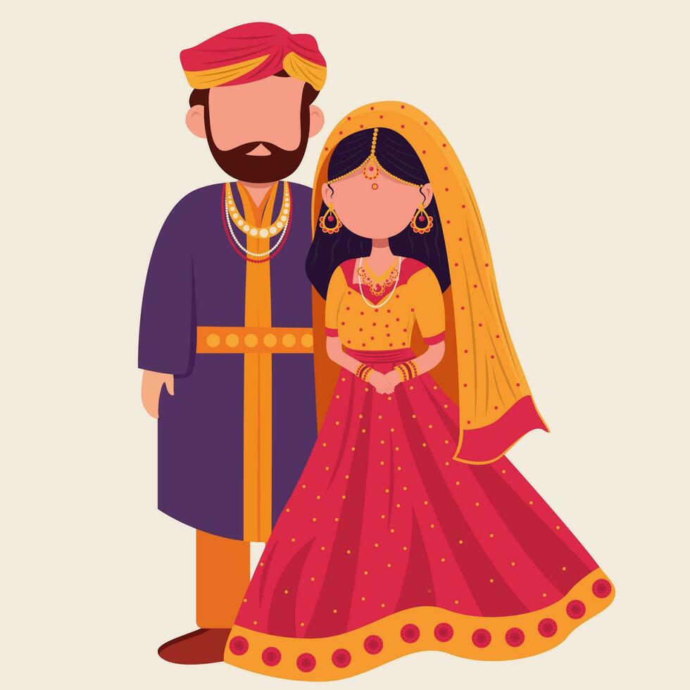 sem rosto Casamento casal personagem vestindo tradicional vestir dentro em pé pose. vetor