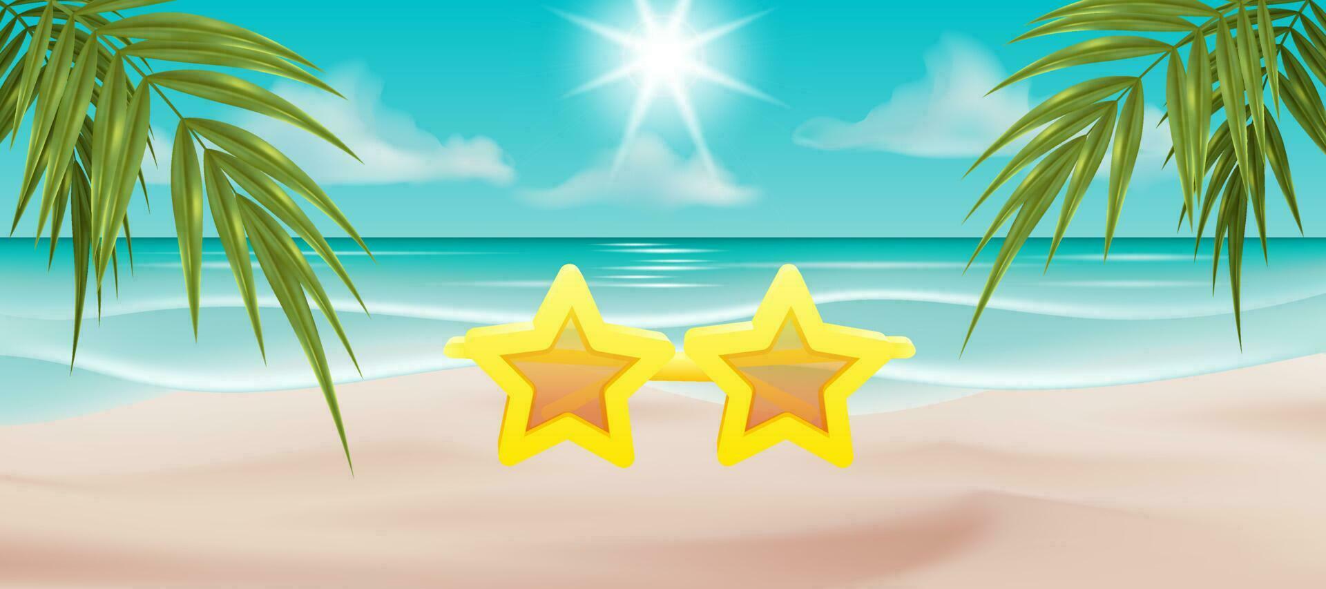 vetor ilustração do na moda desenho animado 3d Estrela em forma oculos de sol em a areia com uma Palma árvore folhas e azul oceano fundo. perfeito para verão desenhos, cartazes, e moda acessórios.