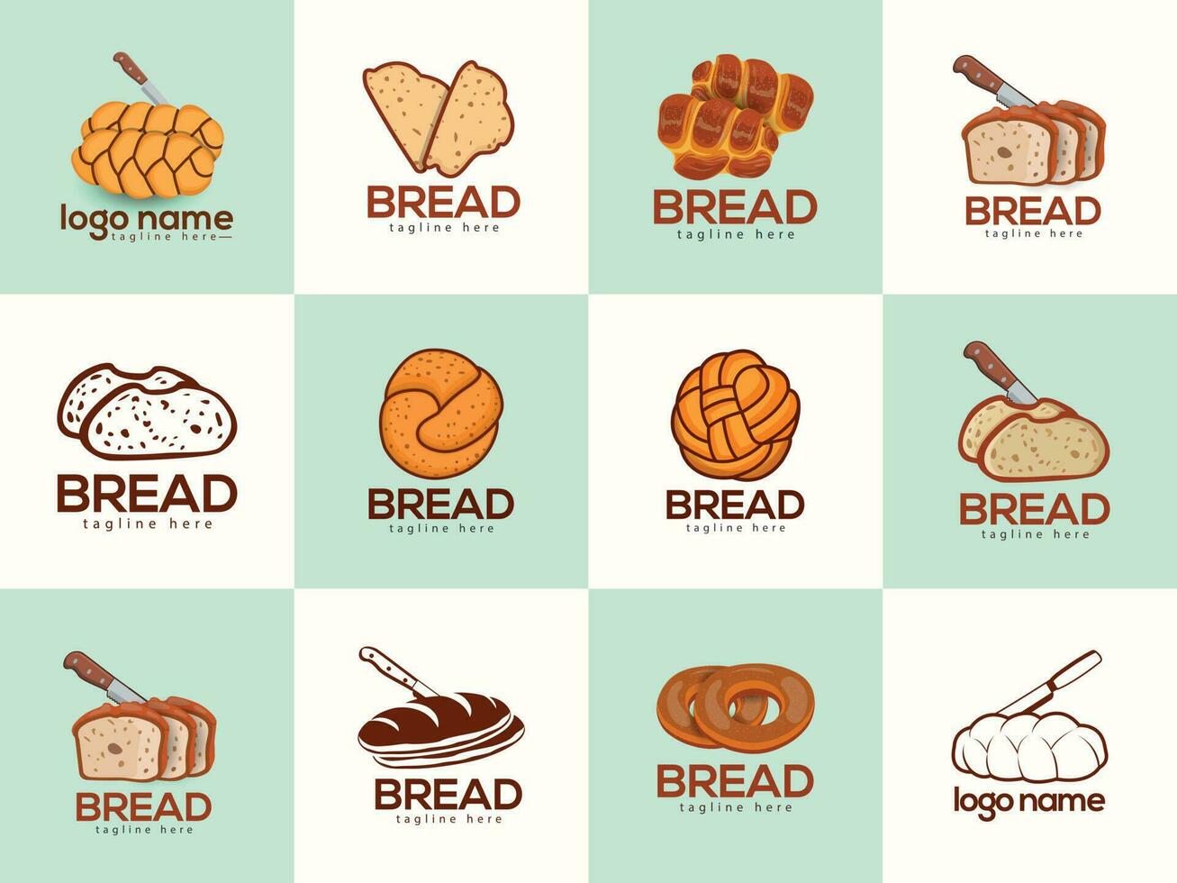 uma poucos diferente pão logotipos estão exibido em uma branco fundo. grande conjunto do Challah pão logotipo e ilustração com 3d estilo. alta qualidade Prêmio pão grampo arte. Challah pão alimentos ilustrações. vetor