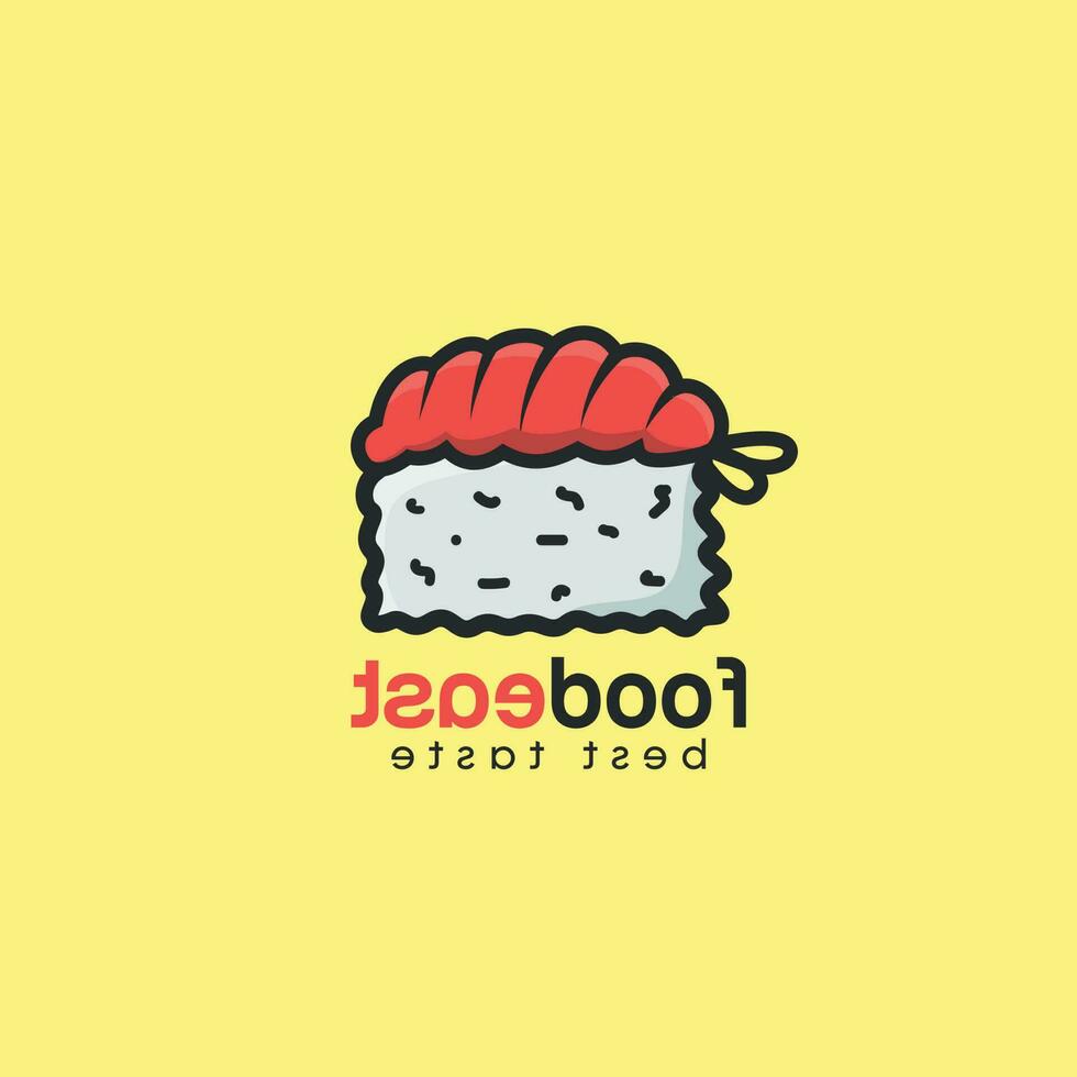 Sushi ilustração com Prêmio vetor Projeto. prato com uma garfo, e frito ovos. uma amarelo fundo com uma logotipo para Sushi e uma lista do arroz.