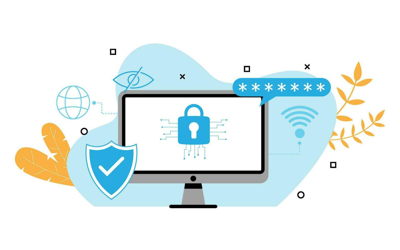 cyber segurança ilustração com computador monitor escudo e Internet conexão segurança para Internet vetor