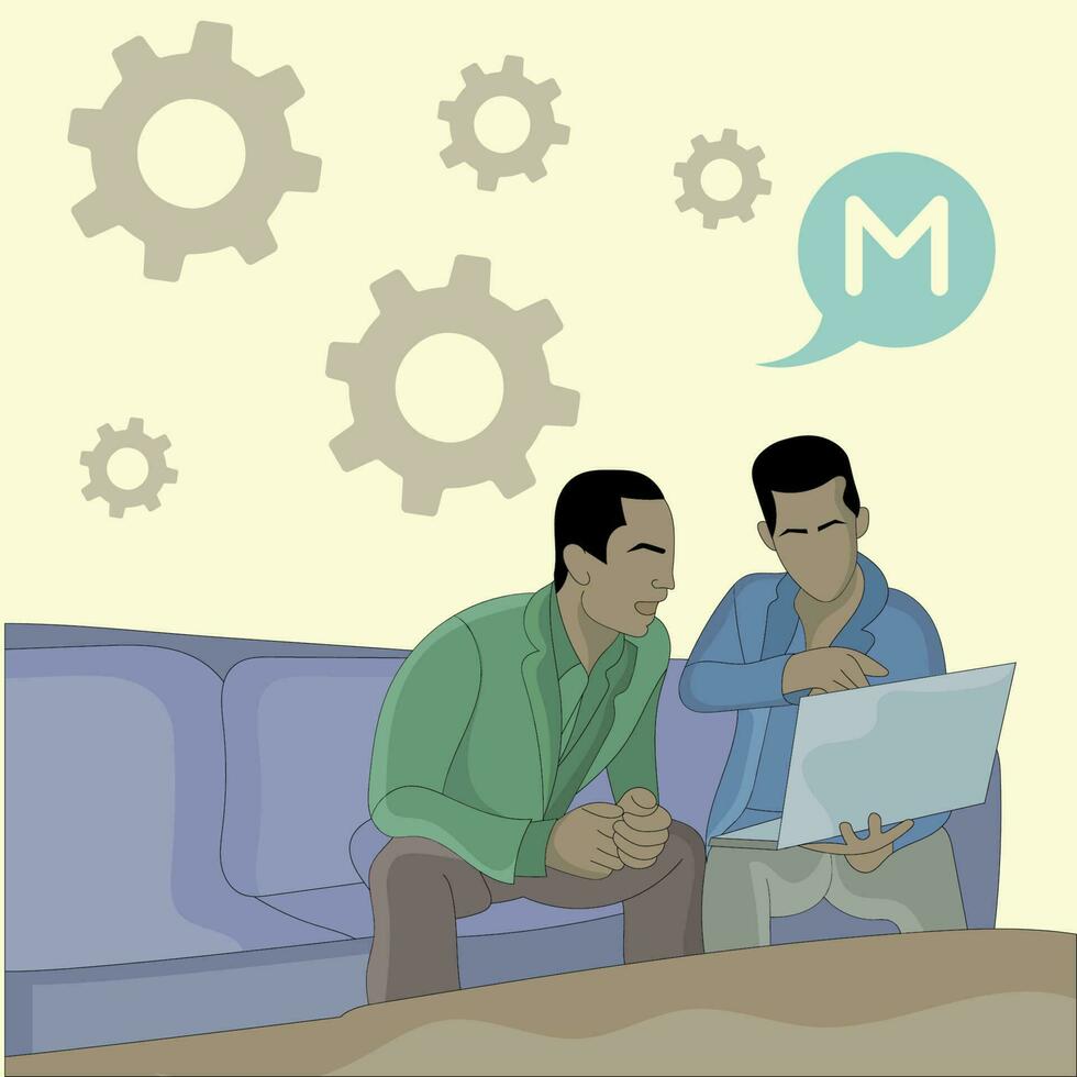 vetor dois homens discutir usando computador portátil plano Projeto