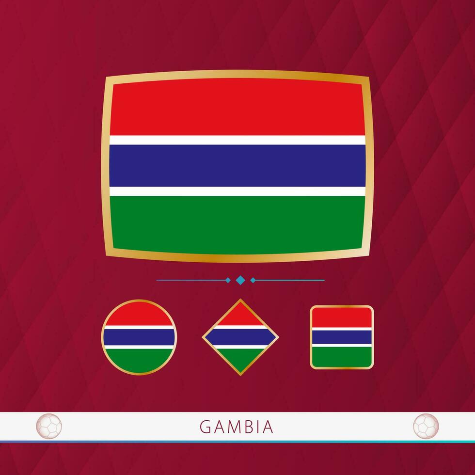 conjunto do Gâmbia bandeiras com ouro quadro, Armação para usar às esportivo eventos em uma Borgonha abstrato fundo. vetor