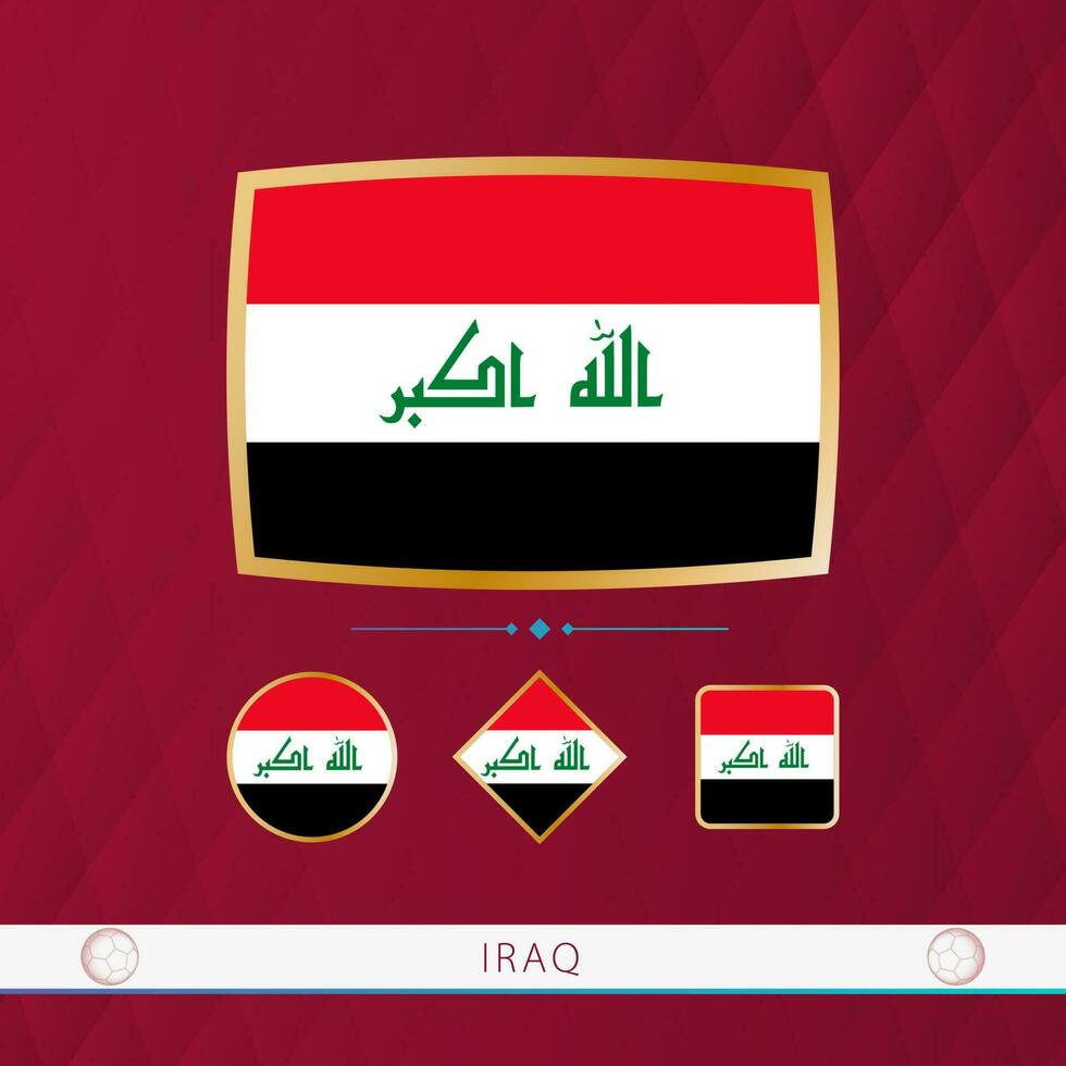 conjunto do Iraque bandeiras com ouro quadro, Armação para usar às esportivo eventos em uma Borgonha abstrato fundo. vetor