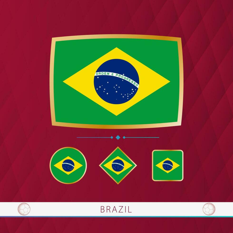 conjunto do Brasil bandeiras com ouro quadro, Armação para usar às esportivo eventos em uma Borgonha abstrato fundo. vetor