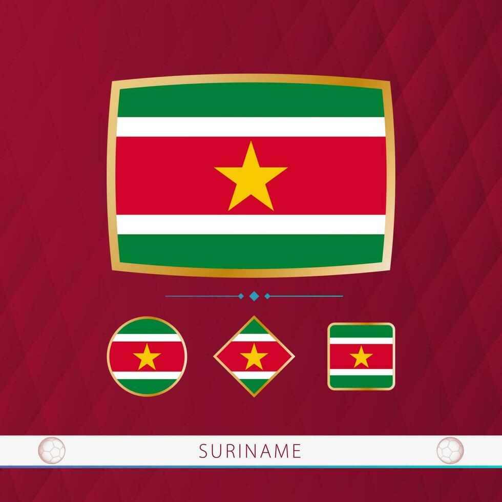 conjunto do suriname bandeiras com ouro quadro, Armação para usar às esportivo eventos em uma Borgonha abstrato fundo. vetor