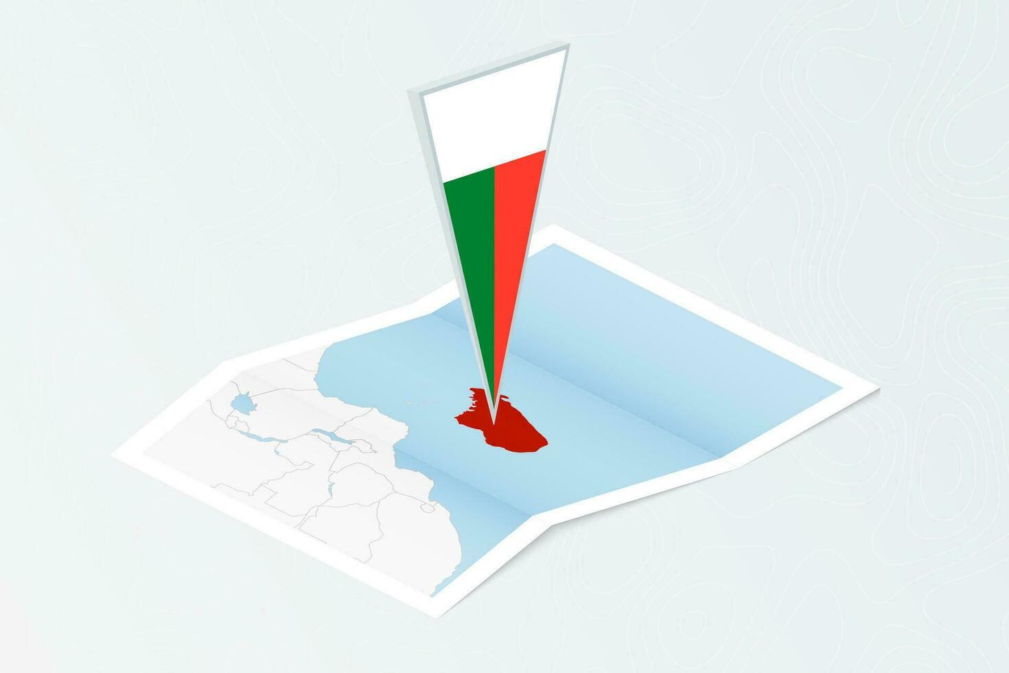 isométrico papel mapa do Madagáscar com triangular bandeira do Madagáscar dentro isométrico estilo. mapa em topográfico fundo. vetor