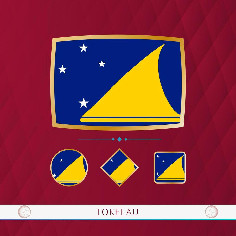 conjunto do Tokelau bandeiras com ouro quadro, Armação para usar às esportivo eventos em uma Borgonha abstrato fundo. vetor