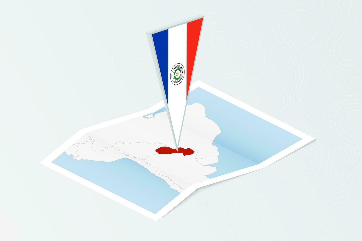 isométrico papel mapa do Paraguai com triangular bandeira do Paraguai dentro isométrico estilo. mapa em topográfico fundo. vetor