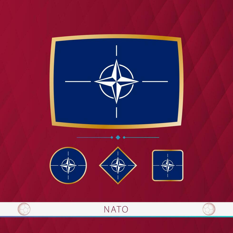 conjunto do NATO bandeiras com ouro quadro, Armação para usar às esportivo eventos em uma Borgonha abstrato fundo. vetor