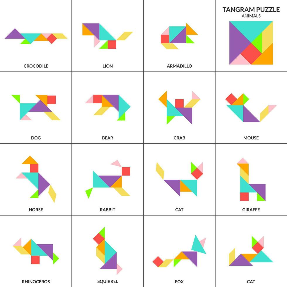 tangram enigma jogos para crianças. vetor colorida coleção com vários isolado animais de estimação e selvagem animais. isolado tangram animais ícones em branco pano de fundo. vetor ilustração