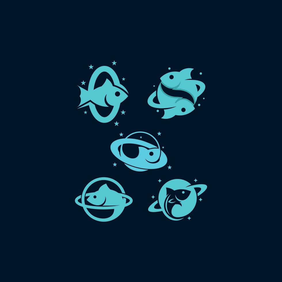 conjunto animal peixe planeta órbita ícone logotipo projeto, vetor ilustração Projeto modelo para seu companhia