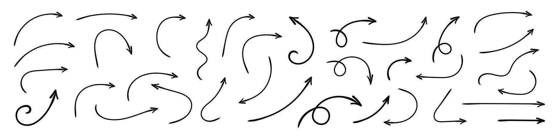 mão desenhado curvado Setas; flechas . esboço rabisco estilo. coleção do ponteiros. vetor