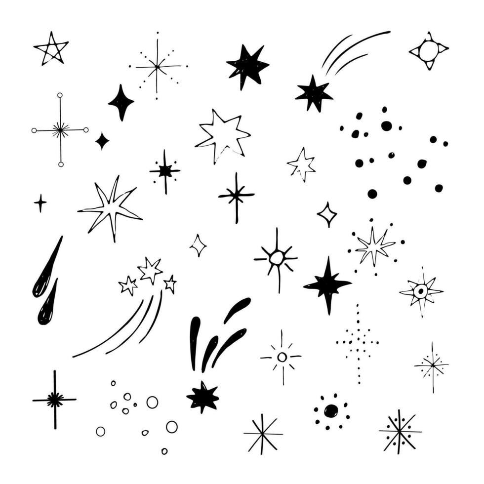 estrelas queda das estrelas noite luminárias rabisco vetor ilustração mão retirou. esboço estilo Projeto elementos em isolado branco fundo.