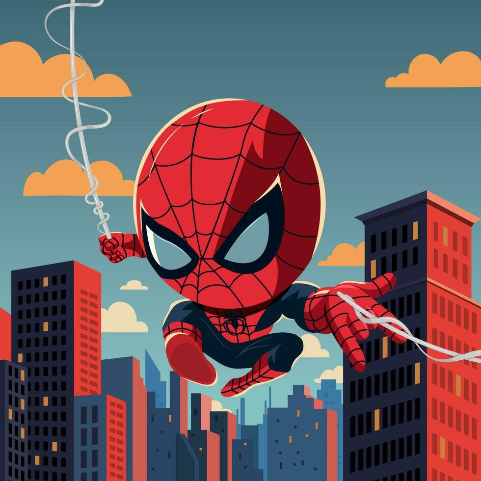 fofa aranha Super heroi oscilante dentro a cidade vetor