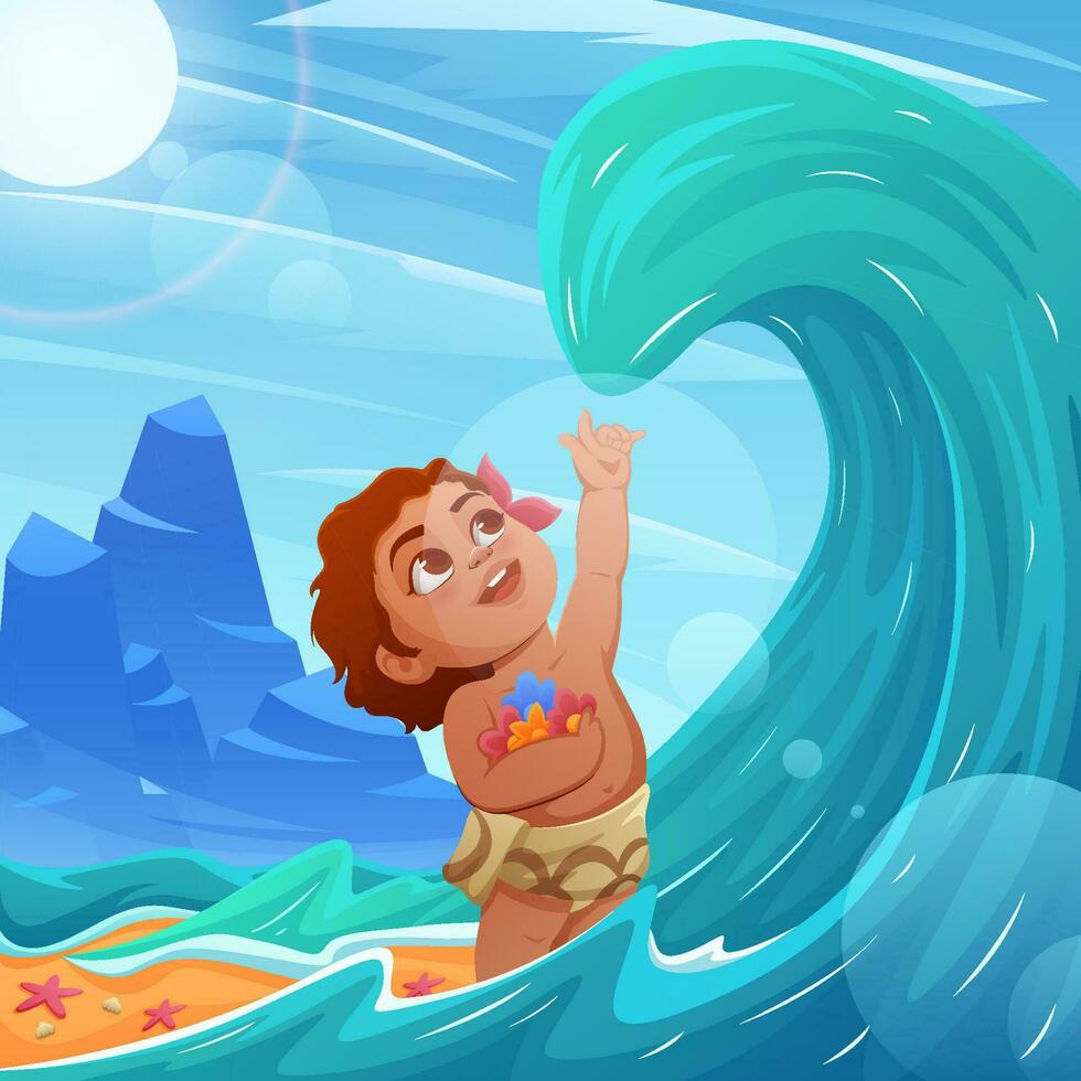 pequeno havaiano menina jogando com oceano onda conceito vetor