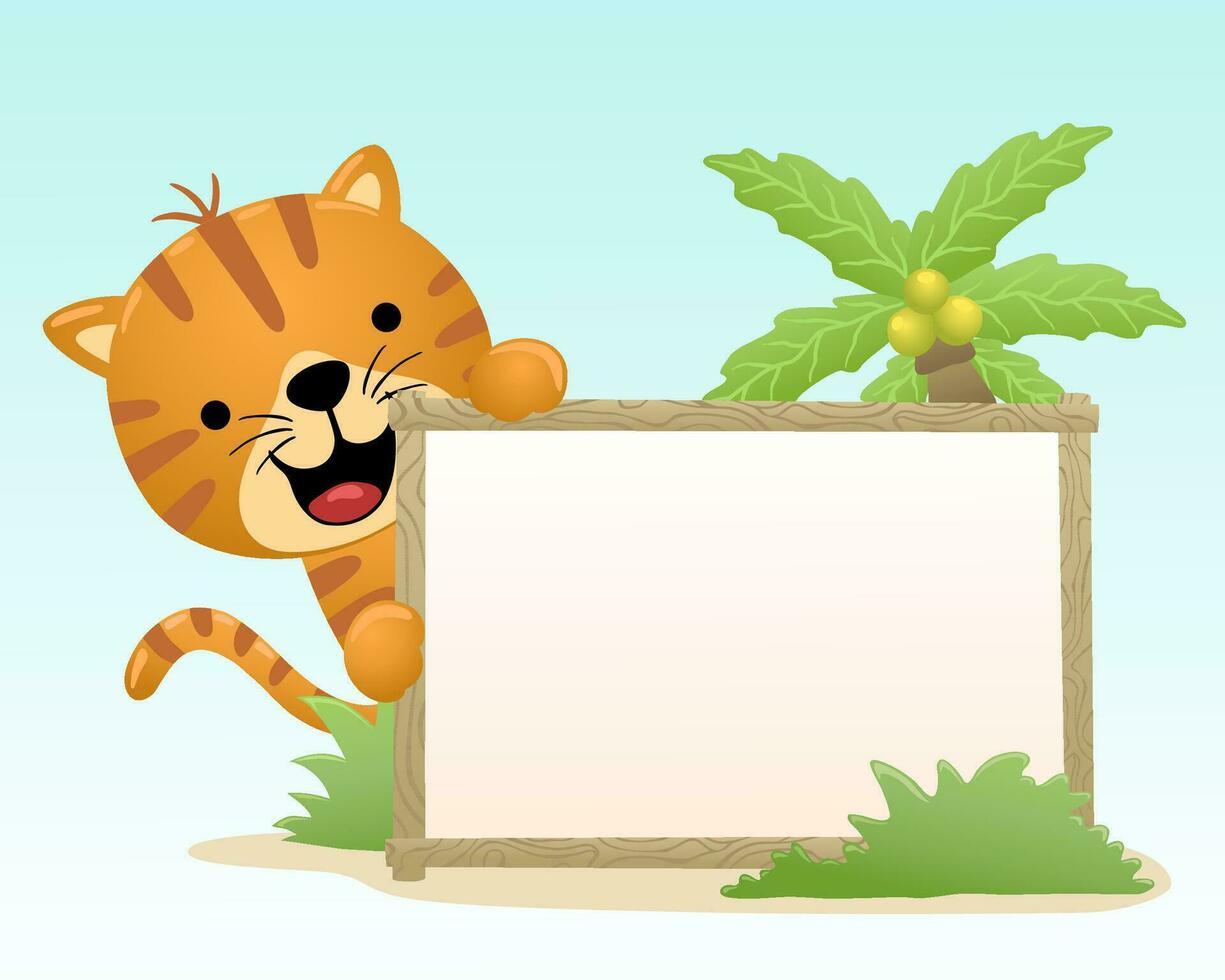 vetor ilustração do desenho animado gato com quadro, Armação fronteira modelo e Palma árvore