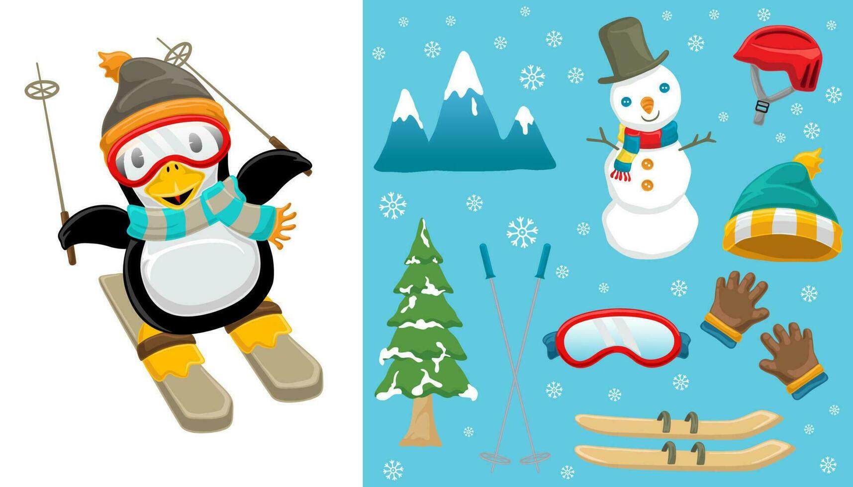 mão desenhado fofa pinguim esquiar com inverno esporte elementos vetor