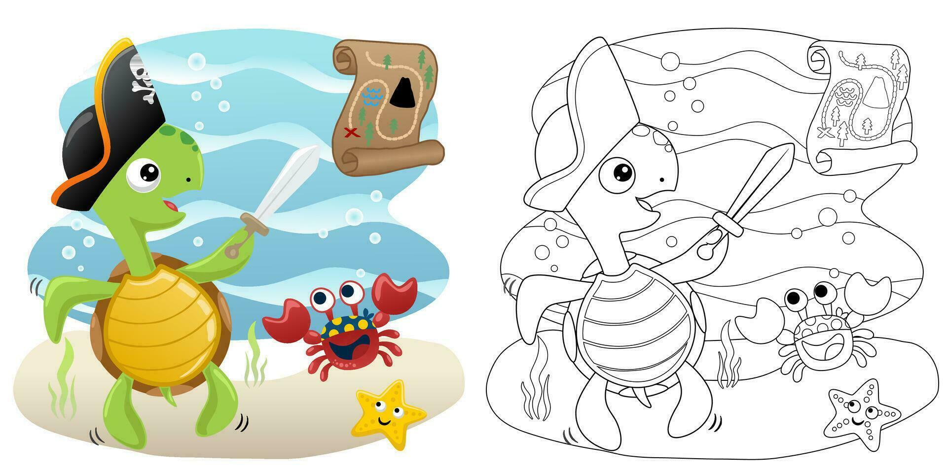 vetor ilustração do desenho animado tartaruga e caranguejo dentro pirata traje com estrelas do mar e Tesouro mapa submarino. coloração livro ou página