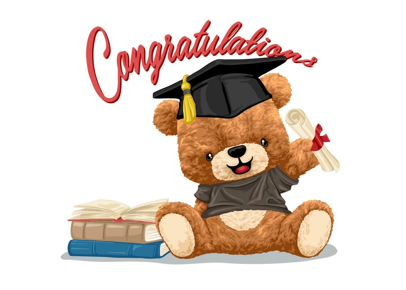 vetor ilustração do mão desenhado Urso de pelúcia Urso vestindo graduação boné segurando diploma com livros