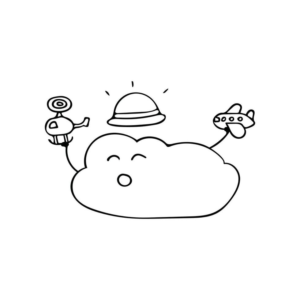 mão desenhado fofa nuvem vestem Sol chapéu jogando com helicóptero e avião vetor desenho animado mascote personagem vetor ilustração cor crianças desenho animado clipart