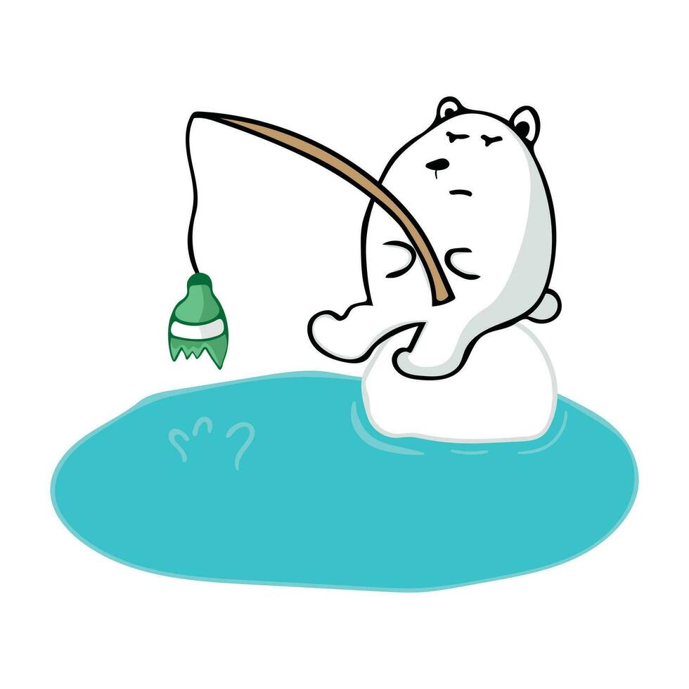 Pare oceano plástico poluição. engraçado polar Urso é pescaria mascote personagem, quebrado garrafa vidro Lixo debaixo a mar vetor ilustração cor crianças desenho animado clipart