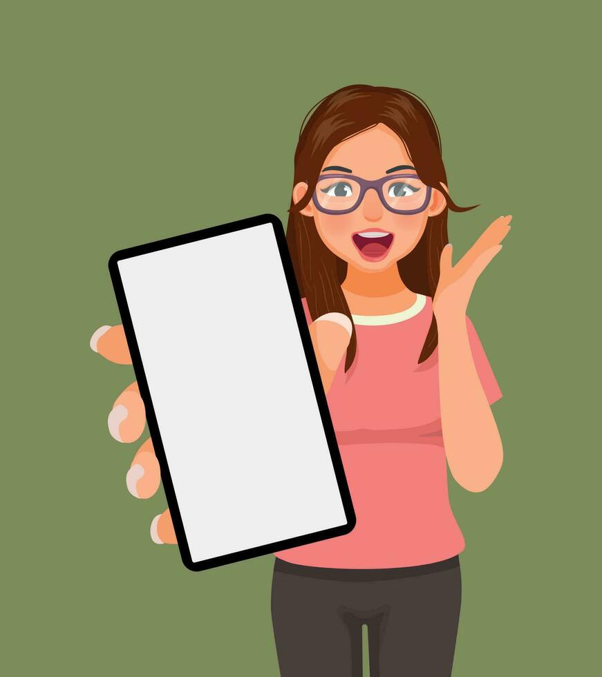 surpreso jovem mulher com óculos mostrando inteligente telefone com em branco tela vetor