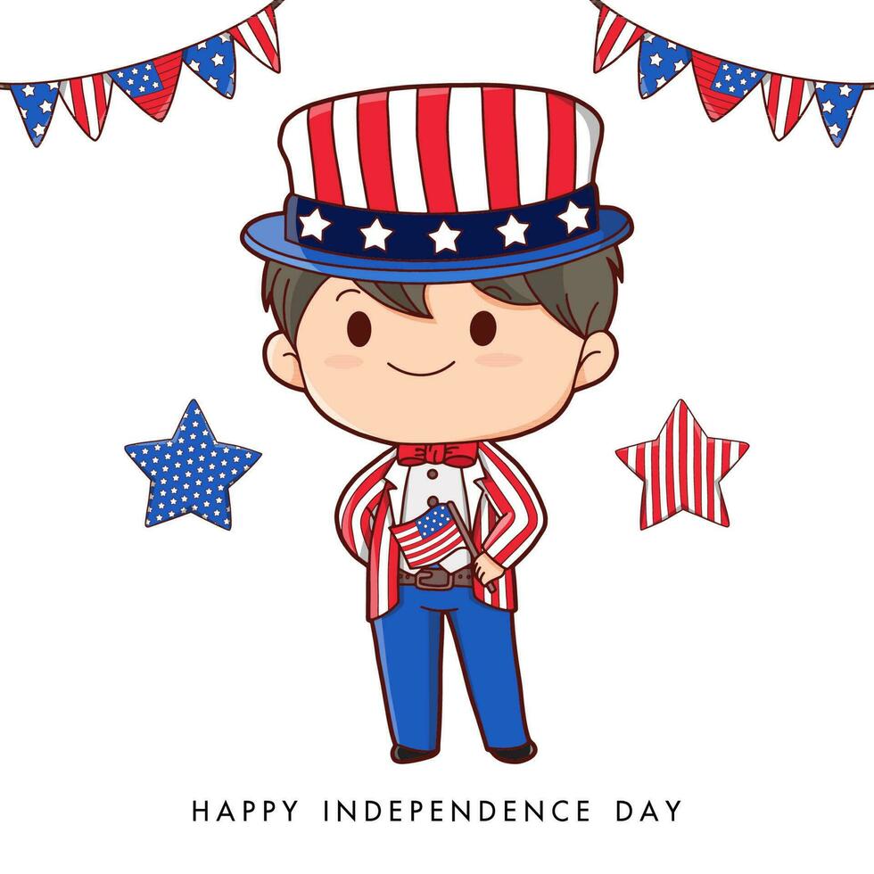 americano Garoto retrato a comemorar 4º do Julho independência dia com fantasia, vestindo tio sam chapéu, mão desenhando estilo vetor