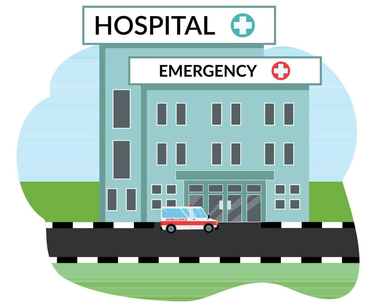 ilustração hospital construção e ambulância vetor