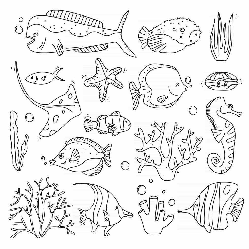 Sea Life Doodle Set Fisches and Corals Collection mão afogar elementos subaquáticos em estilo fofo vetor