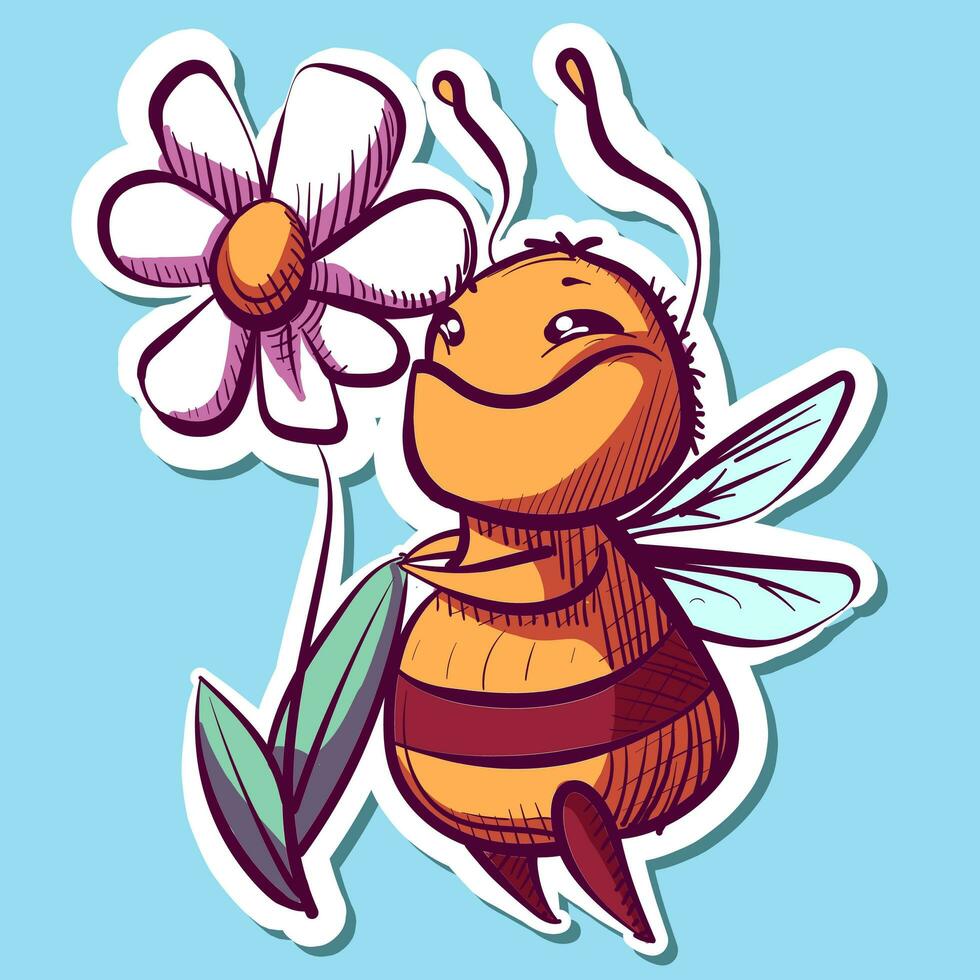 digital arte do uma abelha cheirando uma branco flor. vetor do uma desenho animado abelha alegremente cheirando uma margarida.