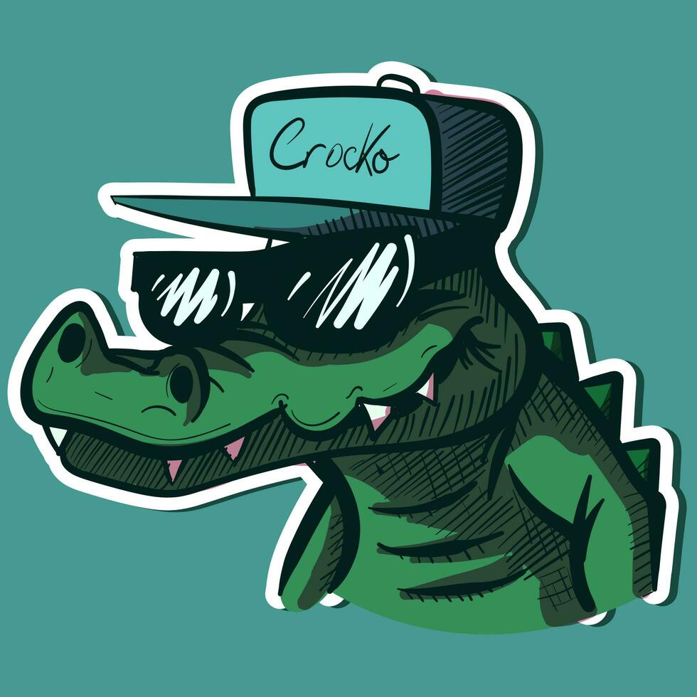 digital arte do uma crocodilo cabeça vestindo uma hiphop chapéu e oculos escuros. vetor do uma verde bandido jacaré com dentes.