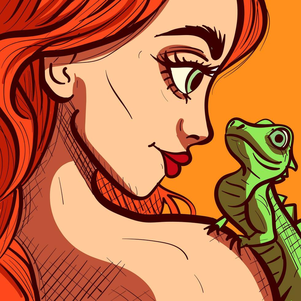 fechar-se ilustração do uma ruiva mulher segurando uma lagarto em dela ombro. digital arte do uma menina e dela animal iguana, desenho animado vetor