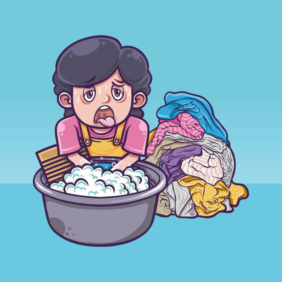 ilustração cansado mulheres fazendo manual lavando lavanderia vetor