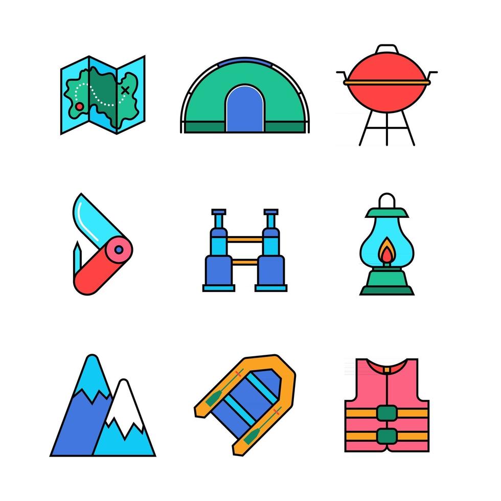 conjunto de ícones de kit de acampamento de verão vetor