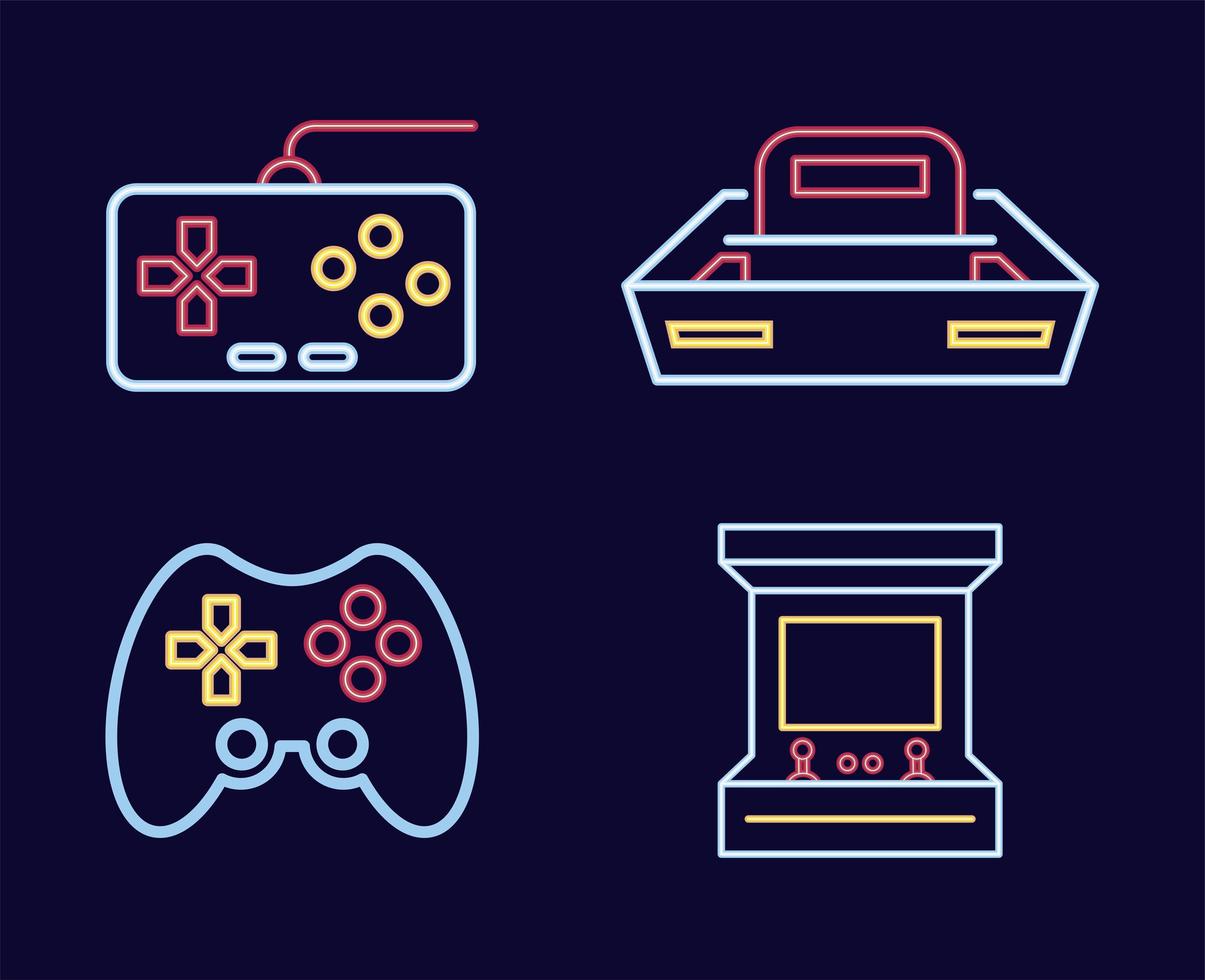 pacote de quatro consoles de videogame e controles de ícones de estilo neon vetor