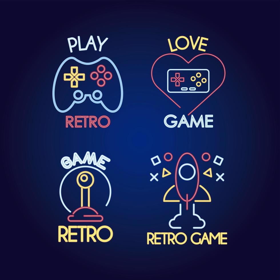 pacote de quatro ícones e inscrições em estilo neon de videogame vetor