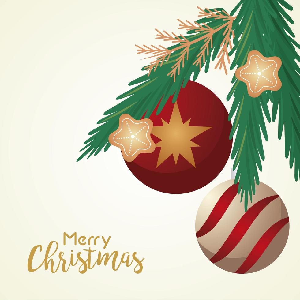 cartão de letras de feliz natal feliz com bolas e estrelas em folhas de pinheiro vetor