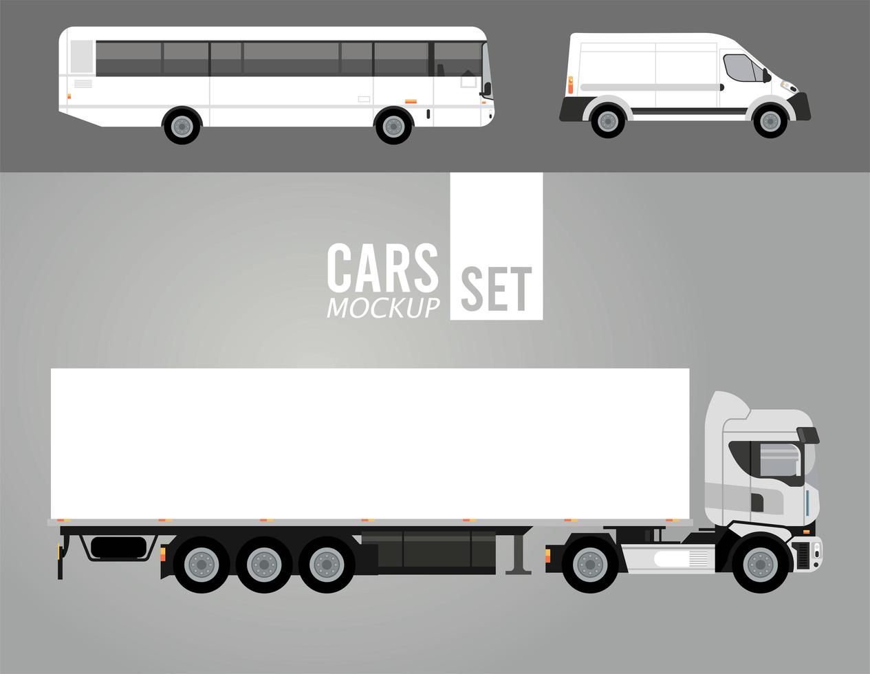 caminhão e ônibus brancos com ícones de veículos de maquete de minifurgão vetor