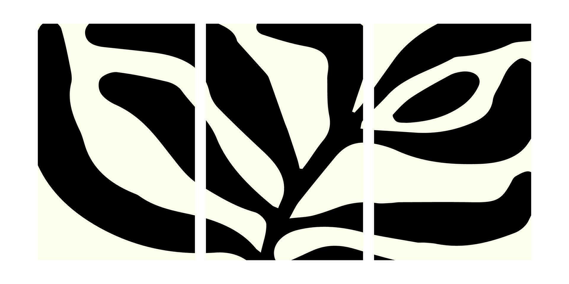 uma conjunto do três abstrato cartazes projetos. moderno parede arte com orgânico irregular geométrico formas. minimalista imagem para criativo Projeto vetor