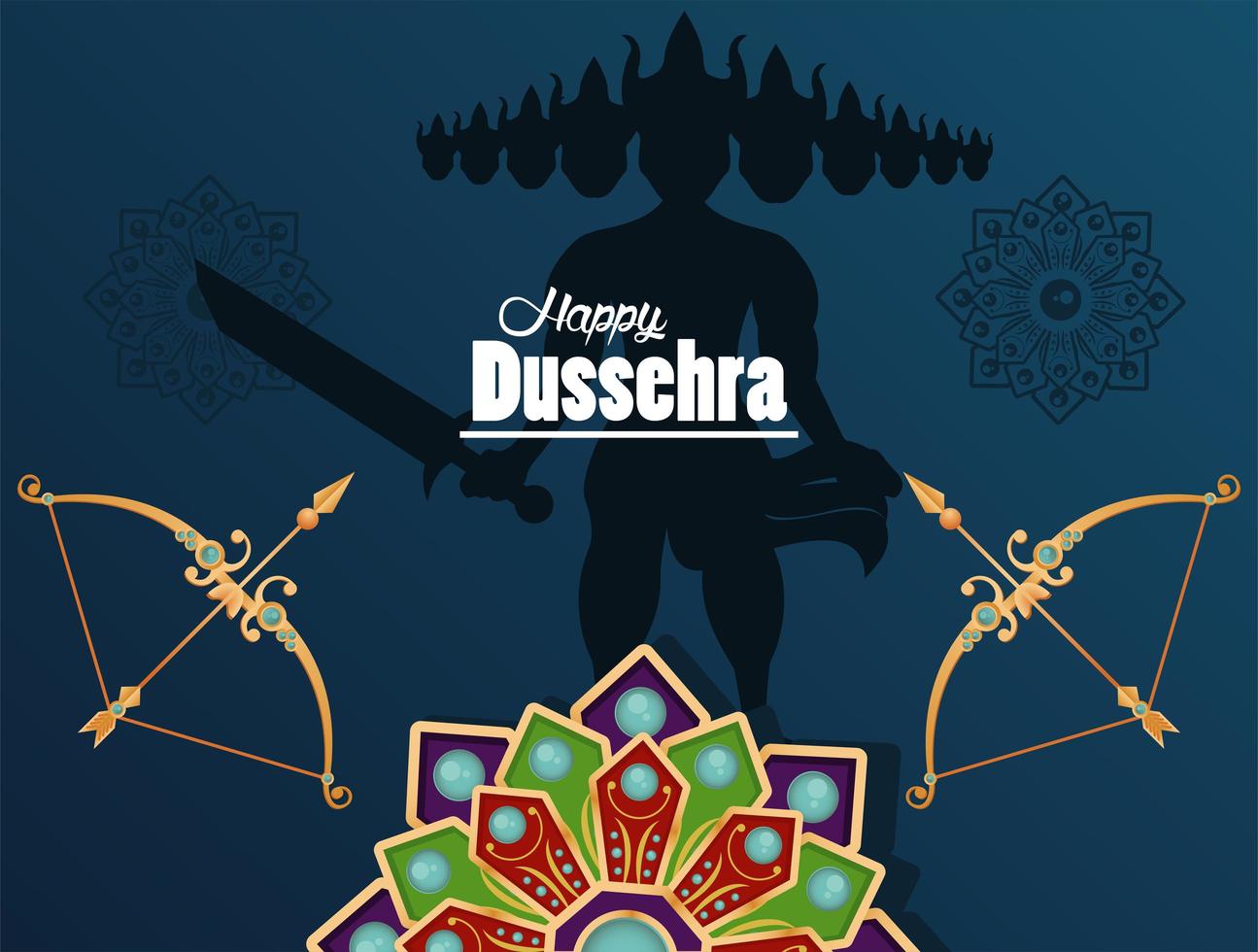 cartão de celebração dussehra feliz com sombra de ravana e arcos vetor