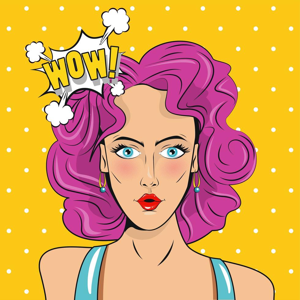 Mulher bonita com cabelo rosa e expressão uau estilo pop art poster vetor