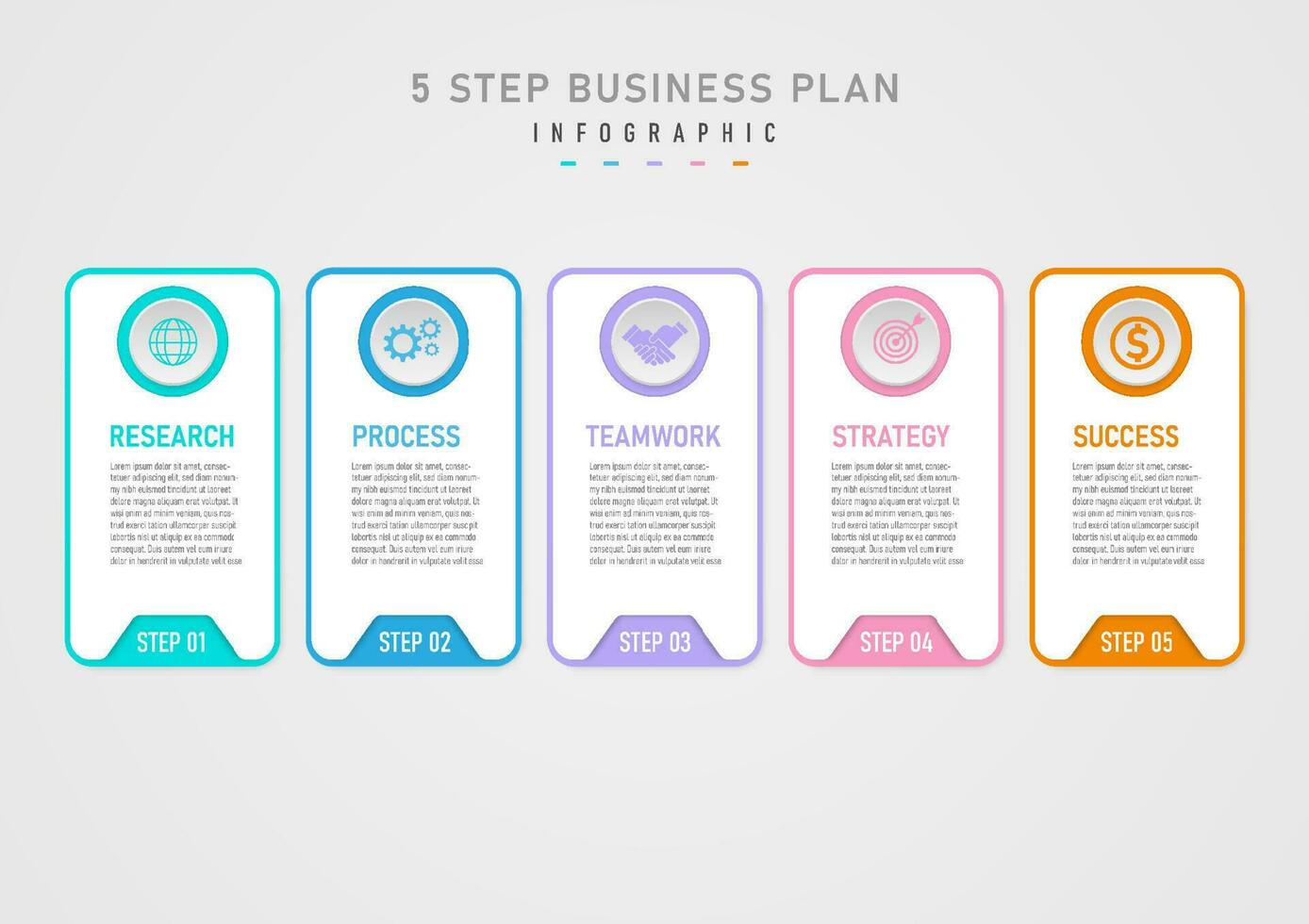 infográfico modelo 5 passos o negócio plano para sucesso multi colori quadrados topo círculo com carta Centro ícone em branco fundo cinzento gradiente Projeto para marketing, produtos, projeto, finança vetor