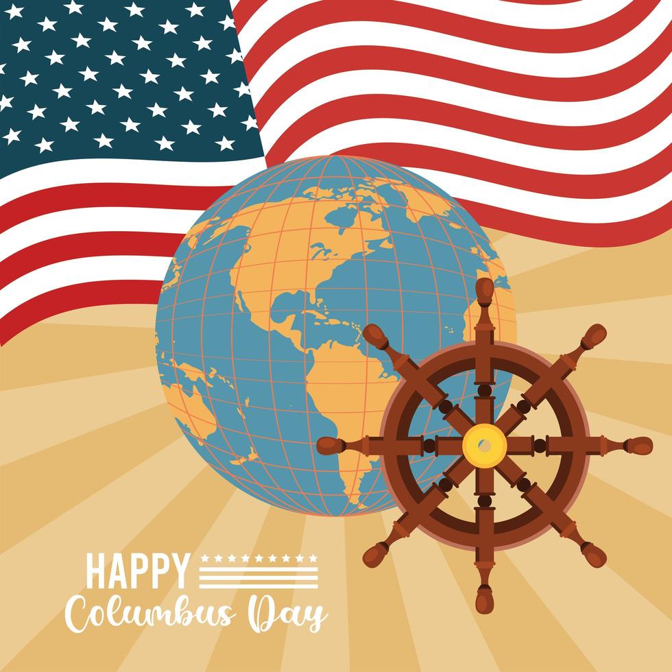 feliz celebração do dia de colombo com o leme do navio e a bandeira dos EUA vetor