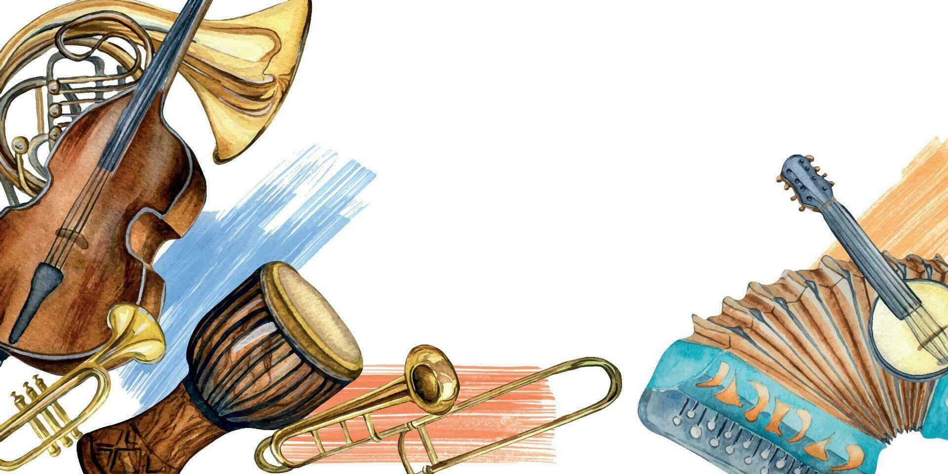 borda do vários musical instrumentos e símbolo aguarela ilustração isolado. vetor