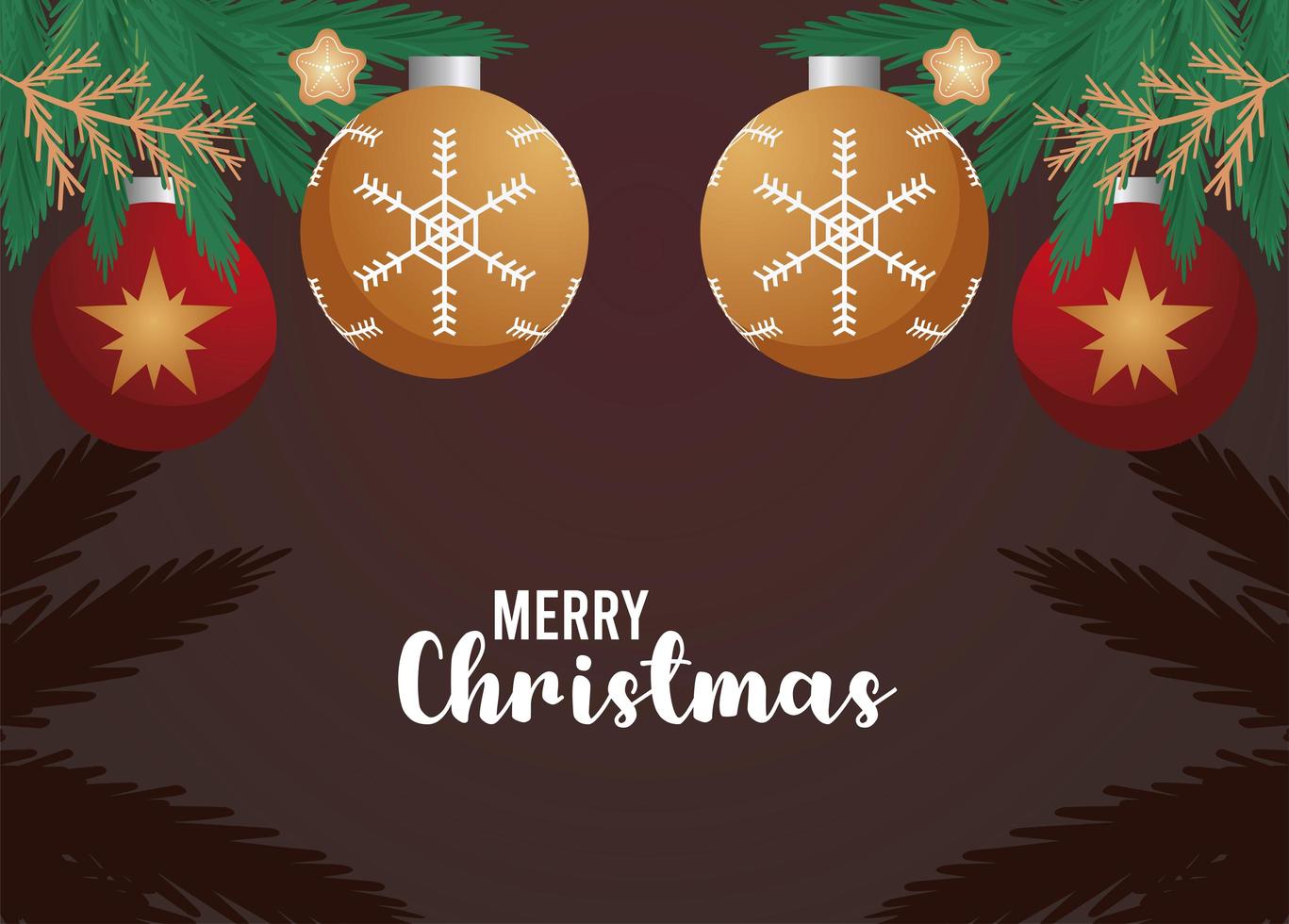 cartão de letras de feliz natal feliz com bolas e folhas penduradas vetor