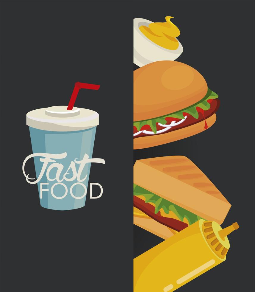 hambúrguer e sandwiche com molhos deliciosos fast food vetor